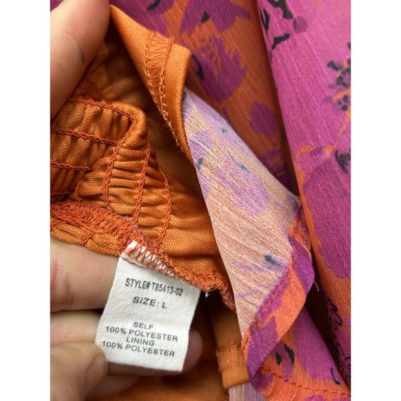 Pink Lily Blouse Womens Large Pink Smocked Floral Sheer Sleeves Ruffles Festival - Picture 8 of 9